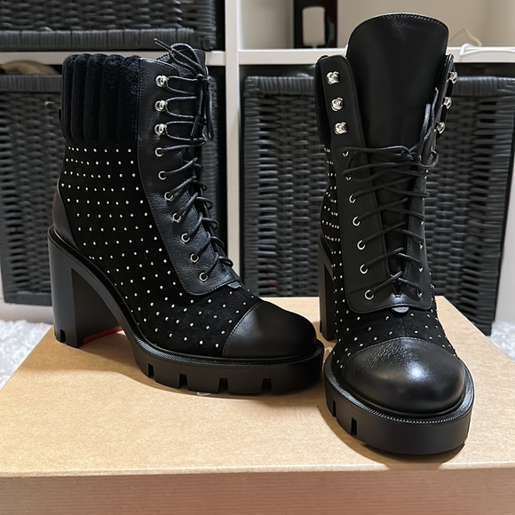 Christian Louboutin DAKITA LUG 70 Studded Spike Suede Boots Heel Booties  $1695